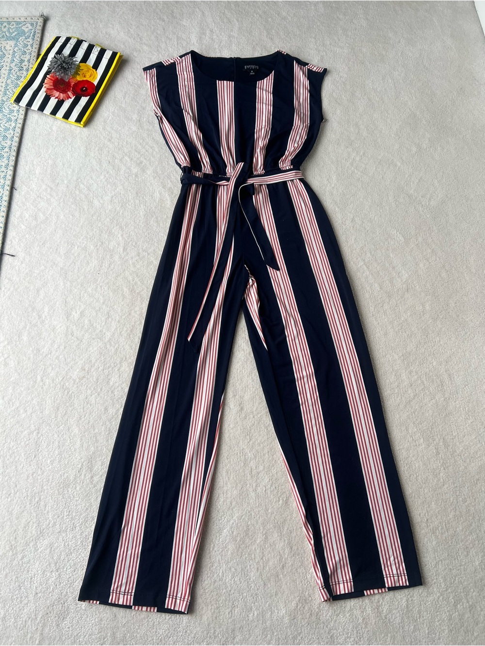 Enfocus Studio Navy, Pink & White Striped Jumpsuit with Self-Tie Belt